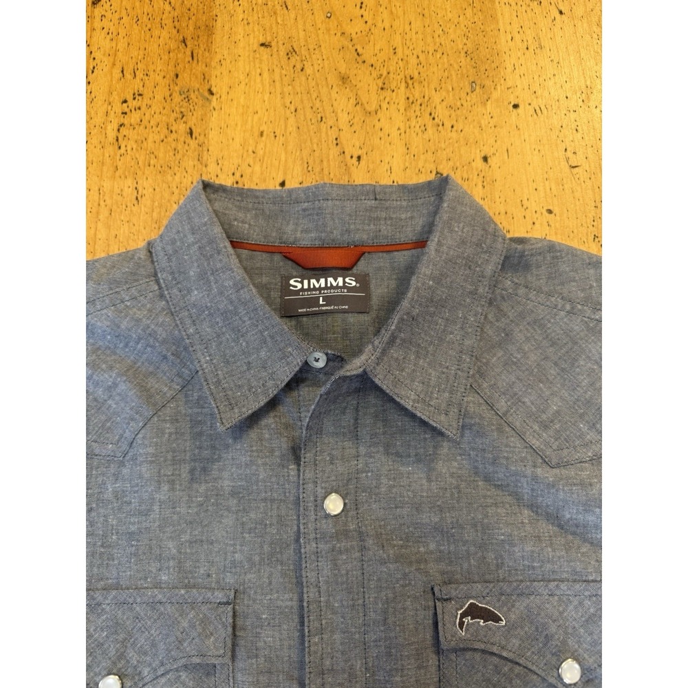 Simms Fishing No-Tellum Shirt Blue/Gray Pearl Snap Travel Fishing Size Large - Picture 4 of 10